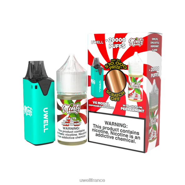 UWELL V6 appareil jetable + jus daddy's vapor 30ml - pack collab | UWELL France clr : cyan/flv : menthe poivrée 50 mg 84P4N211