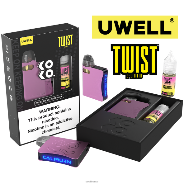 UWELL CALIBURN AK3 kit + pods a3s 0.8ohm (x2) + vapeur de papa 10ml sels 50mg | UWELL France crl : rose/flv : limonade rose punch 50mg 84P4N241