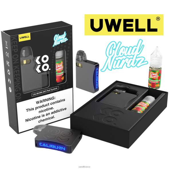 UWELL CALIBURN AK3 kit + pods a3s 0.8ohm (x2) + vapeur de papa 10ml sels 50mg | UWELL Vape Jetable crl : gris/flv : pastèque aigre fraise 50mg 84P4N240